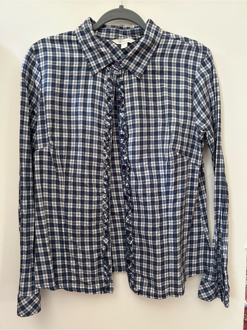 Garnet Hill Blue and White Plaid Ruffle-Trim Shirt